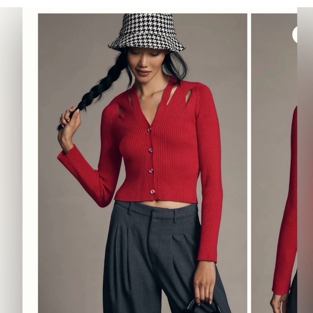 Anthropologie Red Ribbed Sweater With Cut Outs